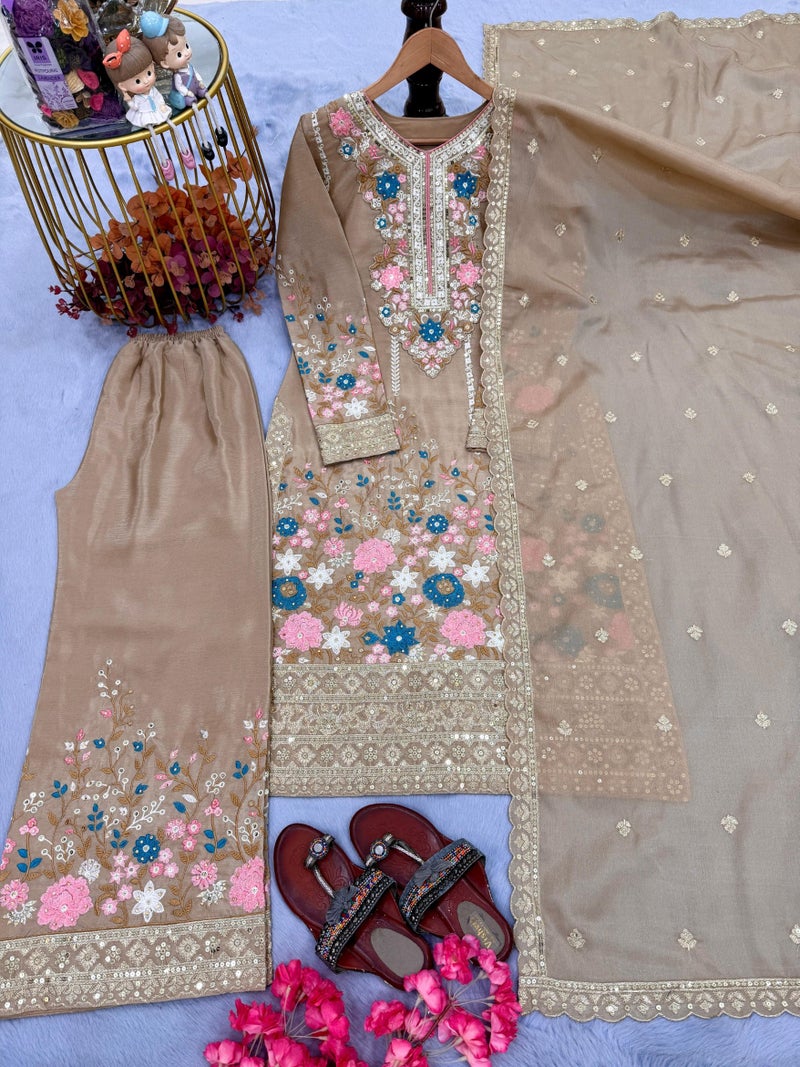 ANAITA Beige Chinon Readymade Suit with Embroidery & Diamond Work - Image 2