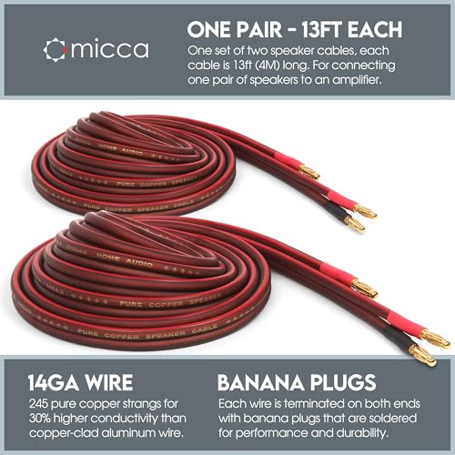 Micca 14 Gauge Pure Copper Speaker Cables, 13 Feet Each (4 Meters), 2 Pack Pair, Gold Plated Banana Plugs Connectors, Soldered Construction, Slim Design, 245 Strands, for Stereo or Home Theater - Image 2