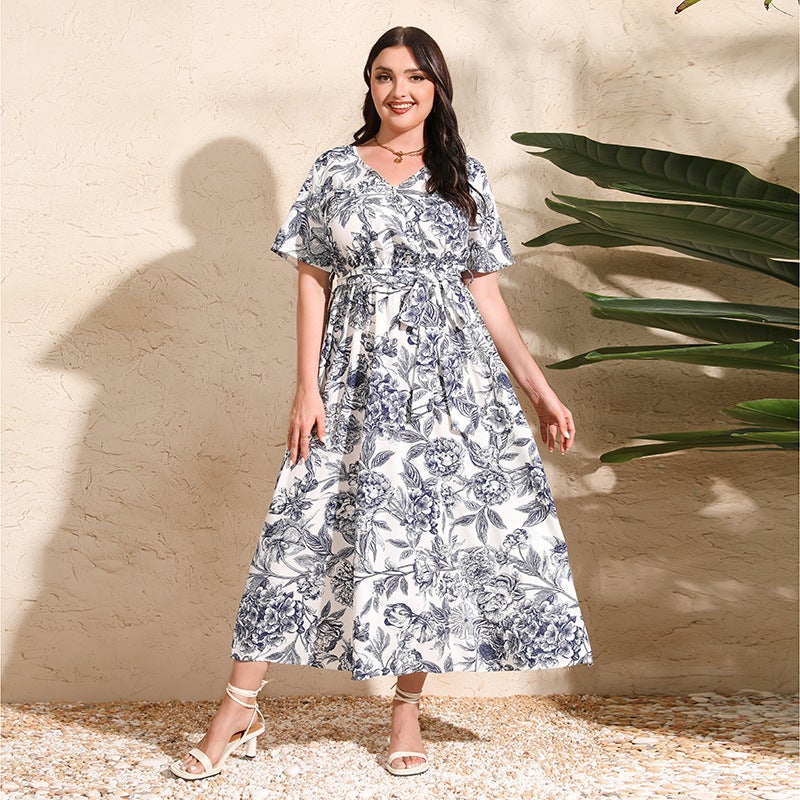 2025 Cross-border New French Elegant Elegant plus size dress Line-drawing Floral V-neck Short-sleeved Waisted Long Dress Sketch