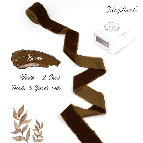 MAYREEL 2 Inch Brown Velvet Ribbon Hand Torn Mahogany Silk Frayed Edge for Bridal Bouquets Invitations Wedding Vow Books Gift Baskets Hair Bows 3 Yards - Image 2