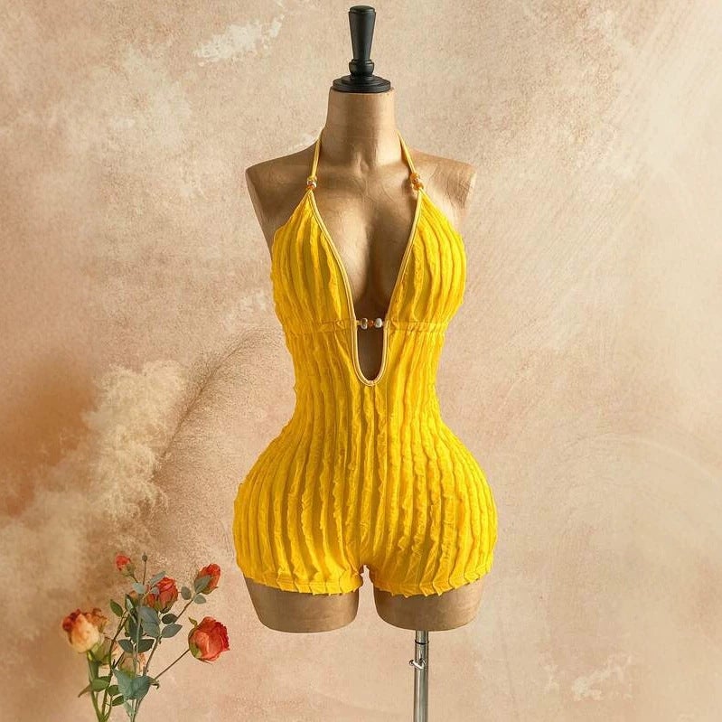 Women's Textured One Piece Swimsuit Deep V Halter Neck - Image 4