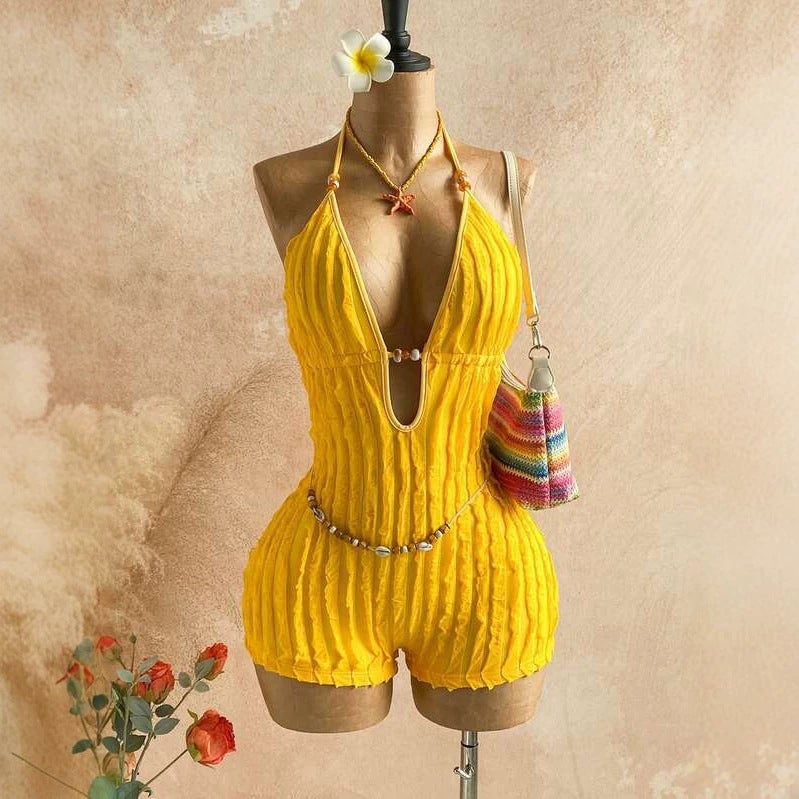 Women's Textured One Piece Swimsuit Deep V Halter Neck - Image 2