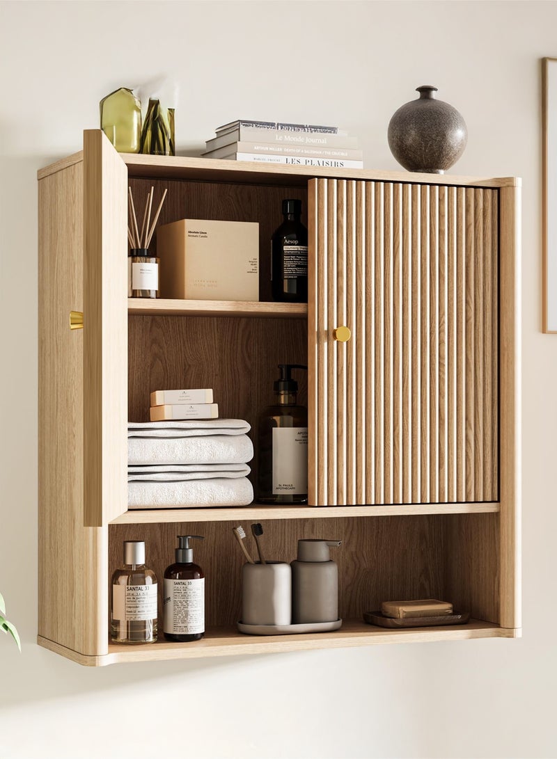 Yanara Bathroom Wall Storage Cabinet, Medicine Cabinet with Adjustable Wood Shelf & Doors, Over The Toilet Storage Cabinet that Resists Moisture, for Laundry Room & Living Room Kitchen Storage Islands, Natural - Image 1