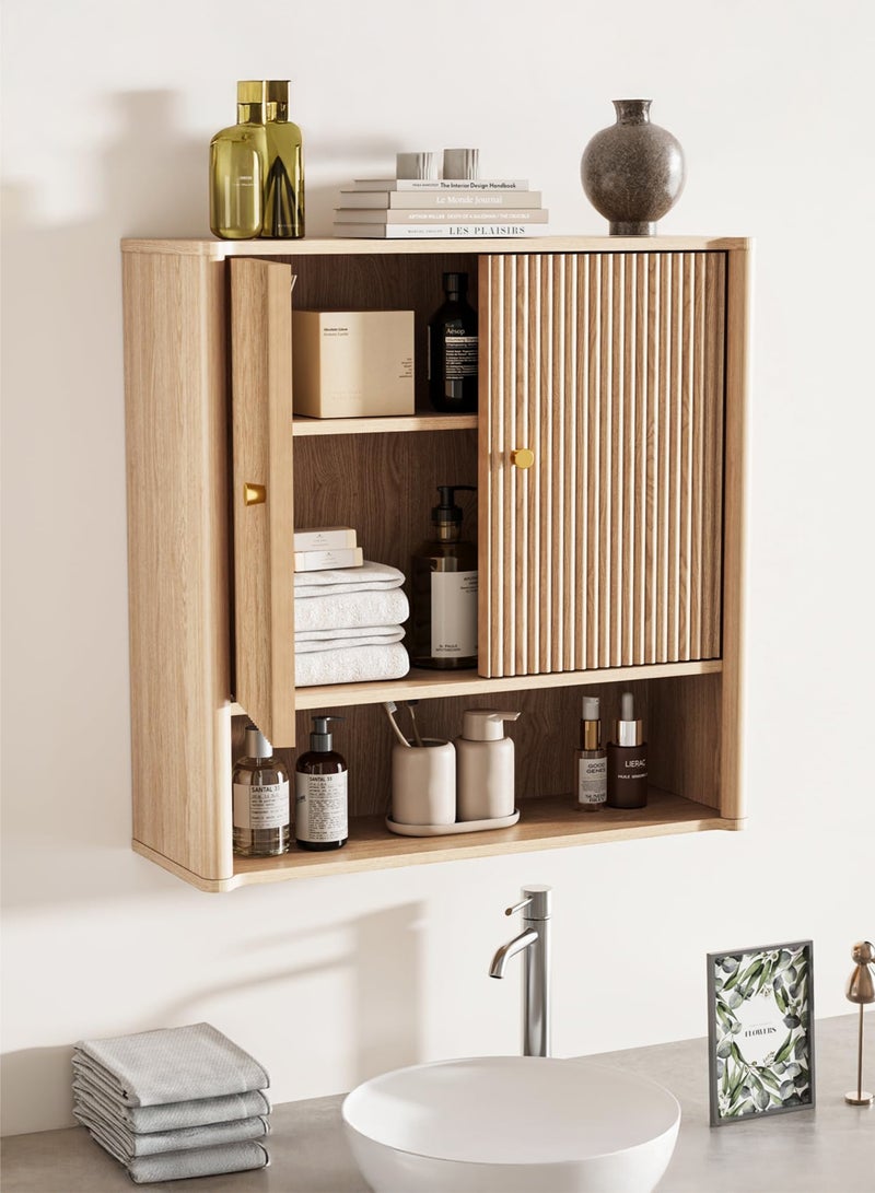 Yanara Bathroom Wall Storage Cabinet, Medicine Cabinet with Adjustable Wood Shelf & Doors, Over The Toilet Storage Cabinet that Resists Moisture, for Laundry Room & Living Room Kitchen Storage Islands, Natural - Image 2