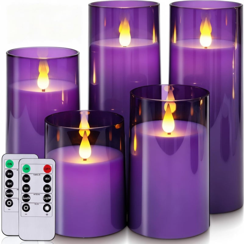 Homemory Purple Flickering Flameless Candles Battery Operated Acrylic LED Pillar Candles with Remote Control and Timer Purple Decor Set of 5 - Image 2