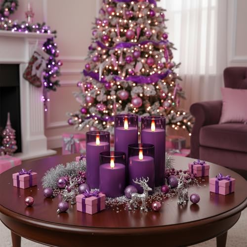 Homemory Purple Flickering Flameless Candles Battery Operated Acrylic LED Pillar Candles with Remote Control and Timer Purple Decor Set of 5 - Image 3