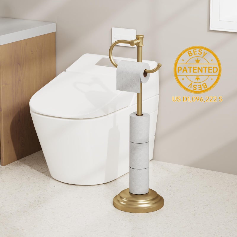 BESy Toilet Paper Holder Free Standing Bathroom Toilet Tissue Holder Stand for Floor Toilet Paper Roll Holder with Storage Hardware Accessories Rack Hand Towel Bar Brushed Gold Stainless Steel - Image 2