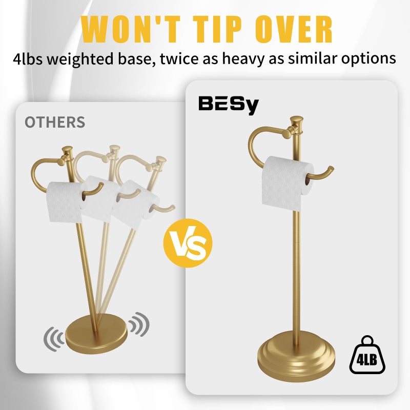 BESy Toilet Paper Holder Free Standing Bathroom Toilet Tissue Holder Stand for Floor Toilet Paper Roll Holder with Storage Hardware Accessories Rack Hand Towel Bar Brushed Gold Stainless Steel - Image 5