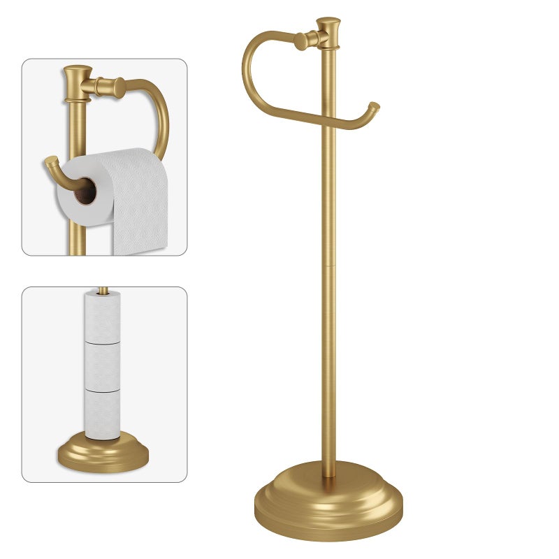 BESy Toilet Paper Holder Free Standing Bathroom Toilet Tissue Holder Stand for Floor Toilet Paper Roll Holder with Storage Hardware Accessories Rack Hand Towel Bar Brushed Gold Stainless Steel - Image 1