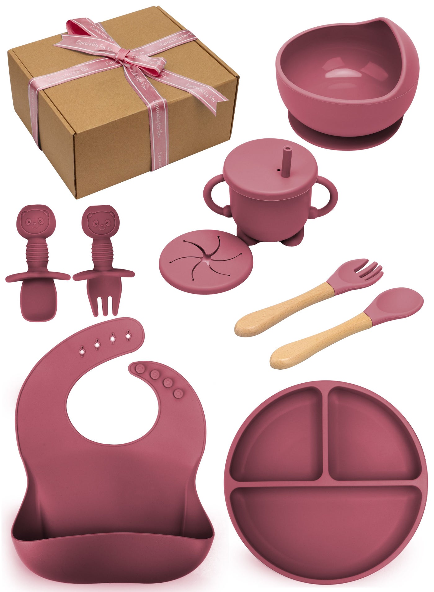 HomarKet Silicone Baby Feeding Set with Gift Box, Adjustable Baby Bib Toddler Divider Plate Bowl Spoon Fork with Suction