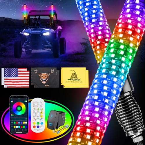 Ehaho 2PCS 2FT Fat Whip Lights لـ UTV ATV مع قاعدة نابضة، ضوء Fatty Whip LED مع مفتاح روكر و6 أعلام، ضوء حلزوني متوهج أكثر إشراقًا مع APP وجهاز تحكم عن بعد لـ RZR SXS Can-Am - Image 1