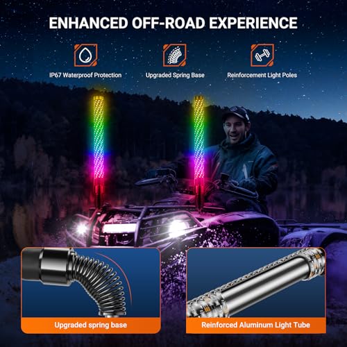 Ehaho 2PCS 2FT Fat Whip Lights لـ UTV ATV مع قاعدة نابضة، ضوء Fatty Whip LED مع مفتاح روكر و6 أعلام، ضوء حلزوني متوهج أكثر إشراقًا مع APP وجهاز تحكم عن بعد لـ RZR SXS Can-Am - Image 5