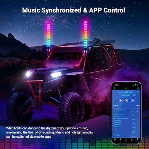 Ehaho 2PCS 2FT Fat Whip Lights لـ UTV ATV مع قاعدة نابضة، ضوء Fatty Whip LED مع مفتاح روكر و6 أعلام، ضوء حلزوني متوهج أكثر إشراقًا مع APP وجهاز تحكم عن بعد لـ RZR SXS Can-Am - Image 4