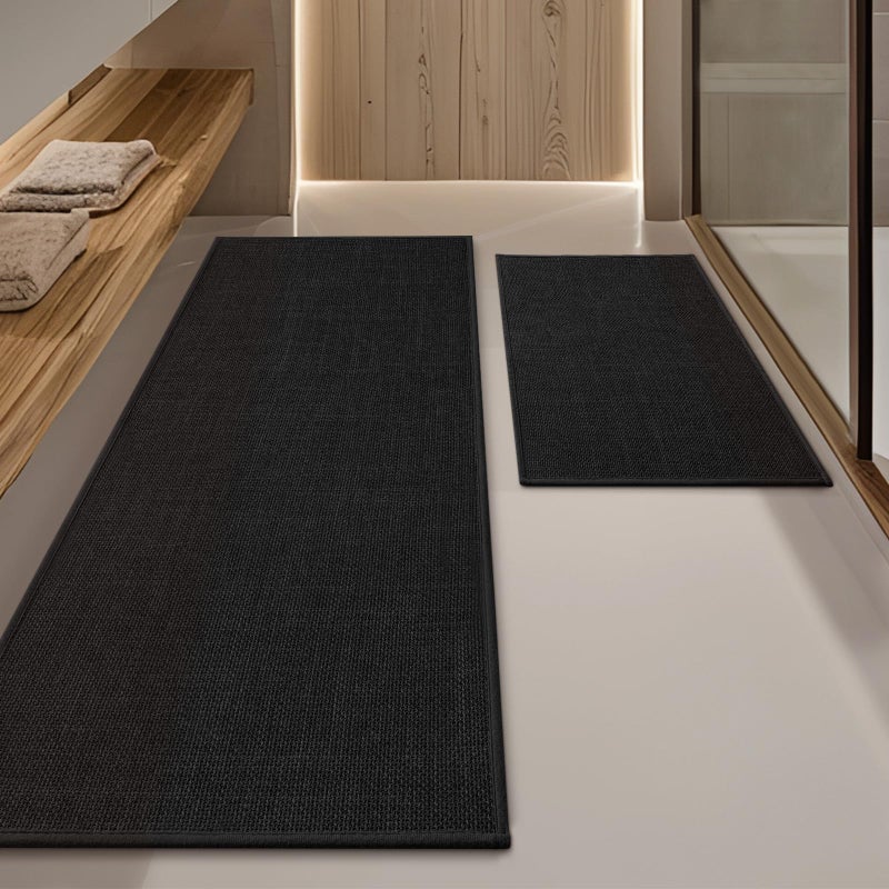 YIHOUSE Black Bathroom Rug Set, 2 Piece, 17"x24" + 17"x47", Non Slip, Quick Dry, Thin, Bath Mat for Bathroom and Kitchen - Image 1