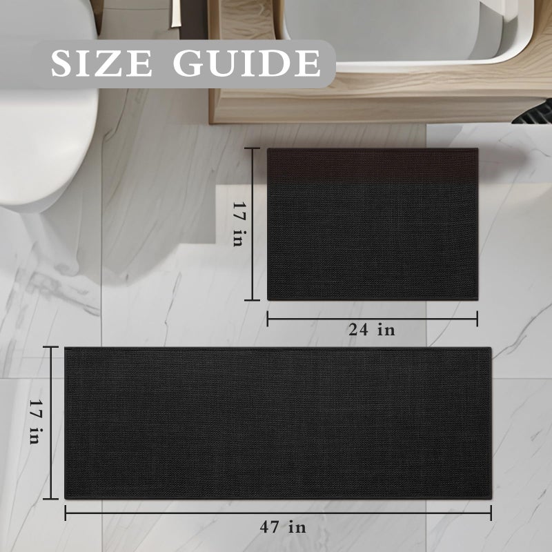 YIHOUSE Black Bathroom Rug Set, 2 Piece, 17"x24" + 17"x47", Non Slip, Quick Dry, Thin, Bath Mat for Bathroom and Kitchen - Image 2
