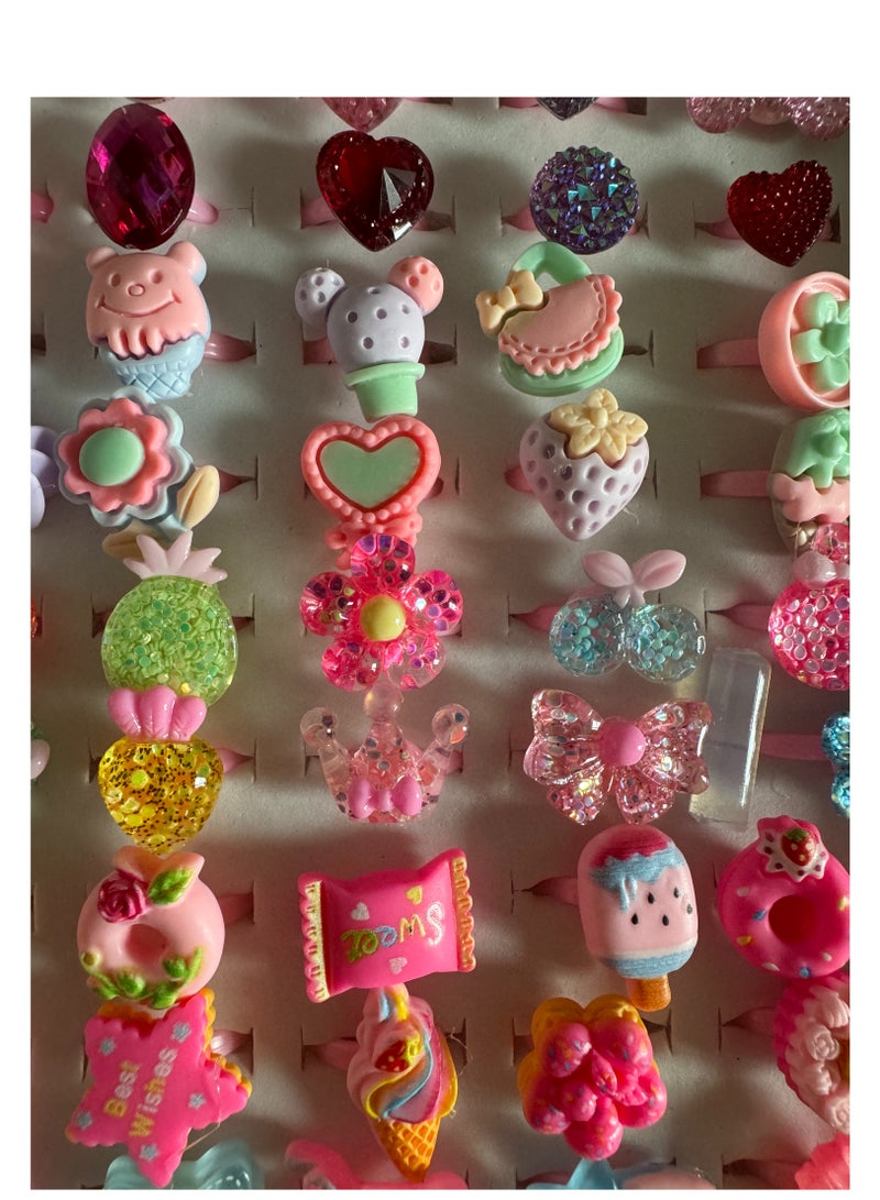 50PCS Little Girl Jewel Rings in Box, Adjustable, Girl Pretend Play and Dress Up Rings，Random Shape Color,Birthday Gift-Cute dessert Design-Mix Color  - Image 2