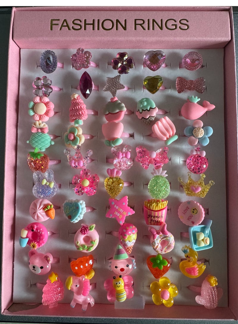 50PCS Little Girl Jewel Rings in Box, Adjustable, Girl Pretend Play and Dress Up Rings，Random Shape Color,Birthday Gift-Cute dessert Design-Mix Color  - Image 3