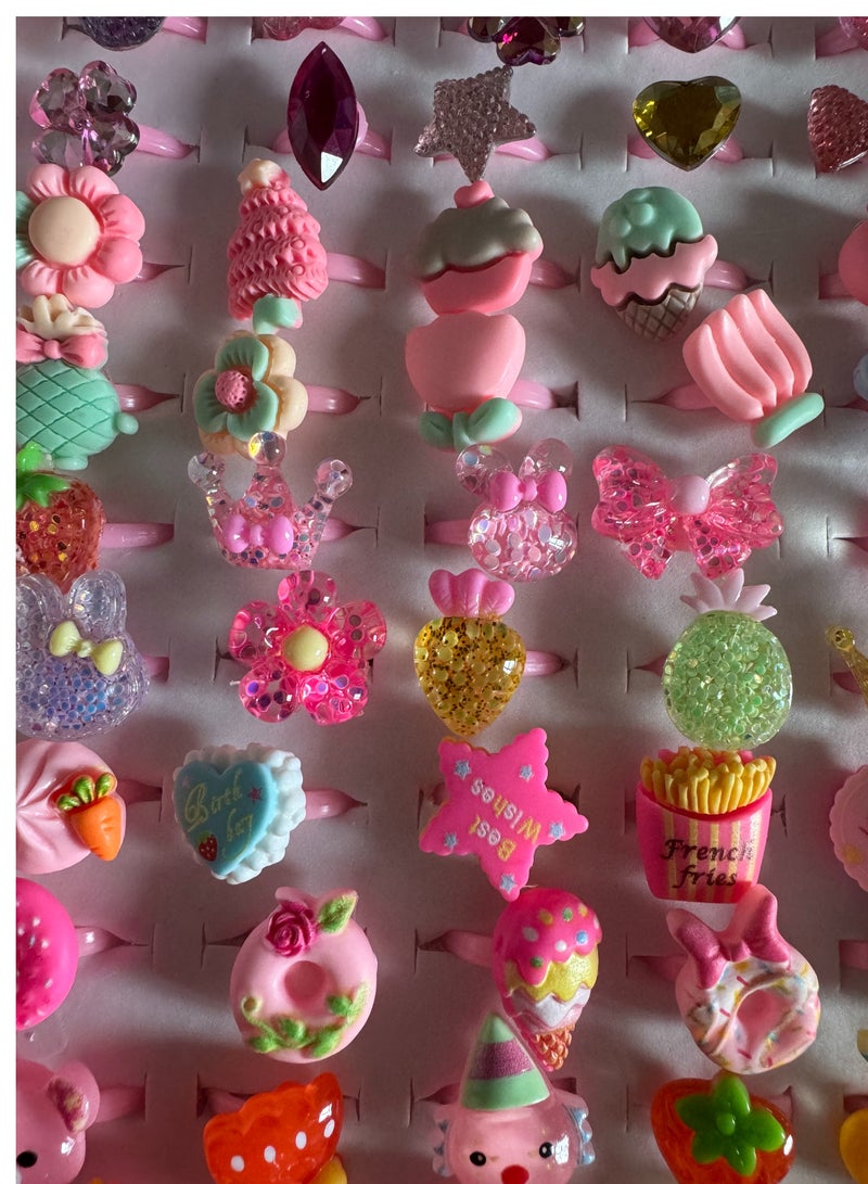 50PCS Little Girl Jewel Rings in Box, Adjustable, Girl Pretend Play and Dress Up Rings，Random Shape Color,Birthday Gift-Cute dessert Design-Mix Color  - Image 4
