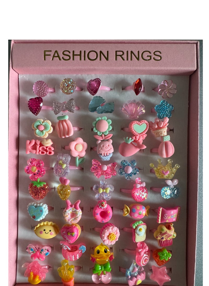 50PCS Little Girl Jewel Rings in Box, Adjustable, Girl Pretend Play and Dress Up Rings，Random Shape Color,Birthday Gift-Cute dessert Design-Mix Color  - Image 5