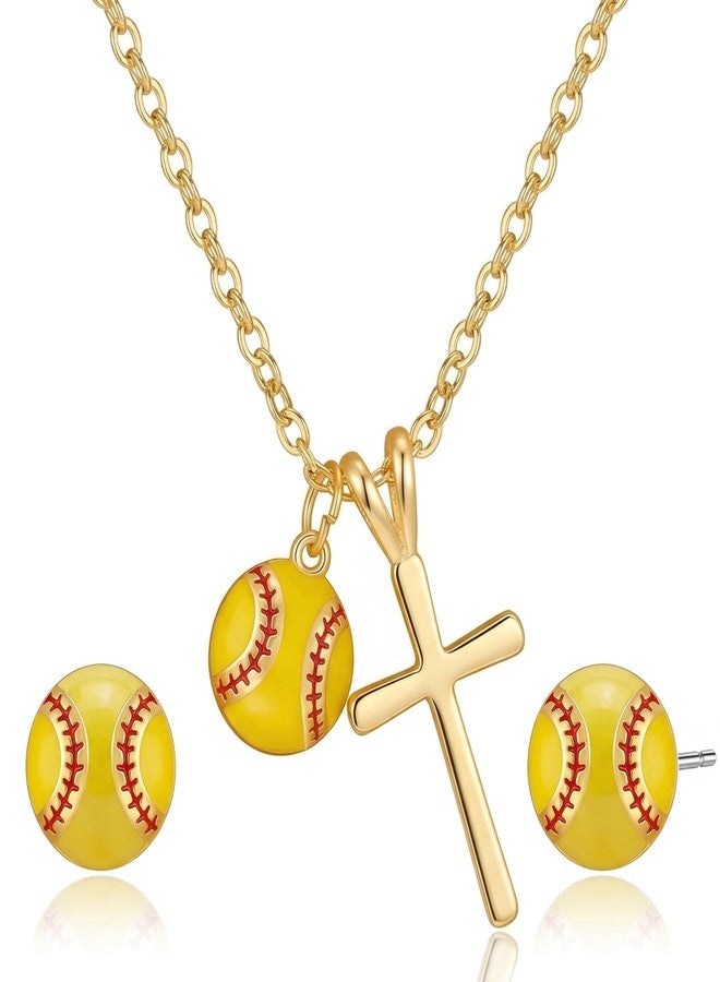 TheClover Softball Earrings Necklace Set- Softball Earrings for Women with Cross Pendant,Sports Necklace with Cross Pendant Christian Faith Gift, Softballs Gifts for Valentine's Day Birthday - Image 1