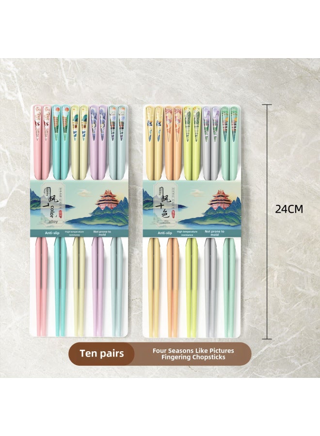 Trendy Chinese Style Alloy Chopsticks Set Of 10 Multicolored Durable Dinnerware Perfect For Home Use And Special Occasions-Color:Four Seasons Picturesque-]  - Image 1
