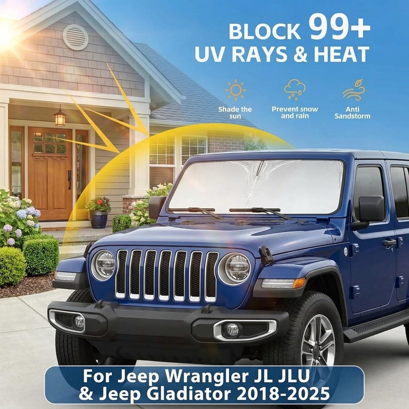 AuyNeas Windshield Sun Shade for Jeep Wrangler JL JLU & Jeep Gladiator 2018-2025 2026 Front Window Shade Custom Fit Sun Visor Foldable Shade Blocks UV Rays Summer Must Have Car Accessories Easy handling optimized design - Image 2