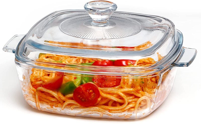 ROSEFINCH 1000 ml Glass Casserole Dish with Lid Oven Safe Square Casserole Dish with HandlesMicrowave Bowl Serving Bowl Square Bowl With Glass Lid Casserole Cookware Transparent Pack of 1 - Image 1