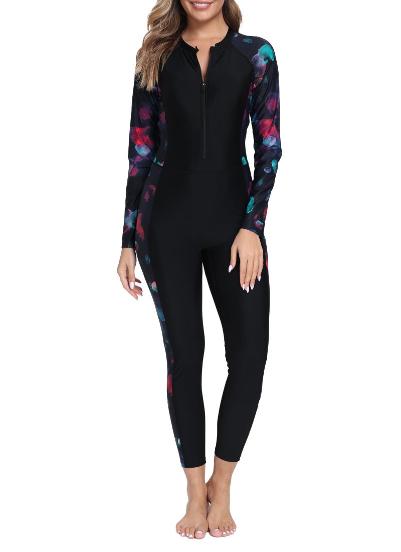 ALLTOKE Womens Full Body Rash Guard with Built in Bra Long Sleeve One Piece Swimsuit Upf50+ Zip Front Bathing Suit Black Red Jellyfish M - Image 1