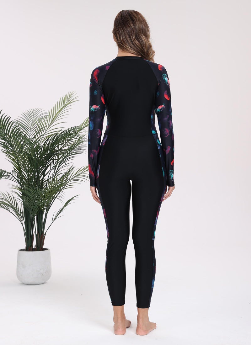 ALLTOKE Womens Full Body Rash Guard with Built in Bra Long Sleeve One Piece Swimsuit Upf50+ Zip Front Bathing Suit Black Red Jellyfish M - Image 3