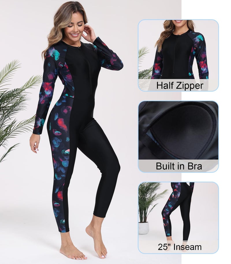 ALLTOKE Womens Full Body Rash Guard with Built in Bra Long Sleeve One Piece Swimsuit Upf50+ Zip Front Bathing Suit Black Red Jellyfish M - Image 4