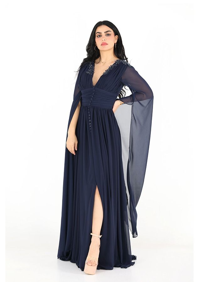 مودرن ديزاين فستان سهره نسائي من اجمل خامة الشيفون  فتحه من الامام   ومزموم من الخصر قصة سبعه بصدر  مطرز الصدر بجانب الاكتاف  على اكمام  شال - Image 2