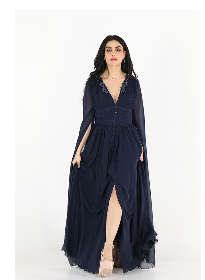 مودرن ديزاين فستان سهره نسائي من اجمل خامة الشيفون  فتحه من الامام   ومزموم من الخصر قصة سبعه بصدر  مطرز الصدر بجانب الاكتاف  على اكمام  شال - Image 3