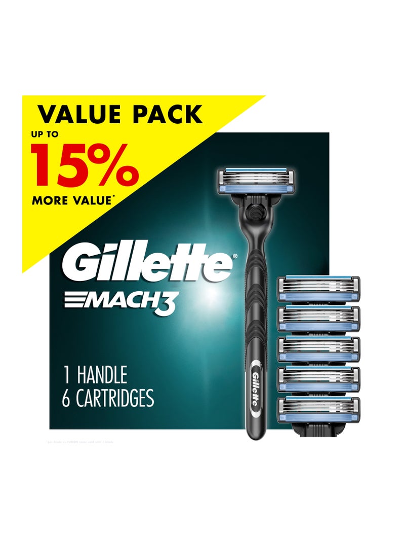 Gillette - Mach3 Razor Pack 1 Handle 6 Cartridge Blade - Image 1