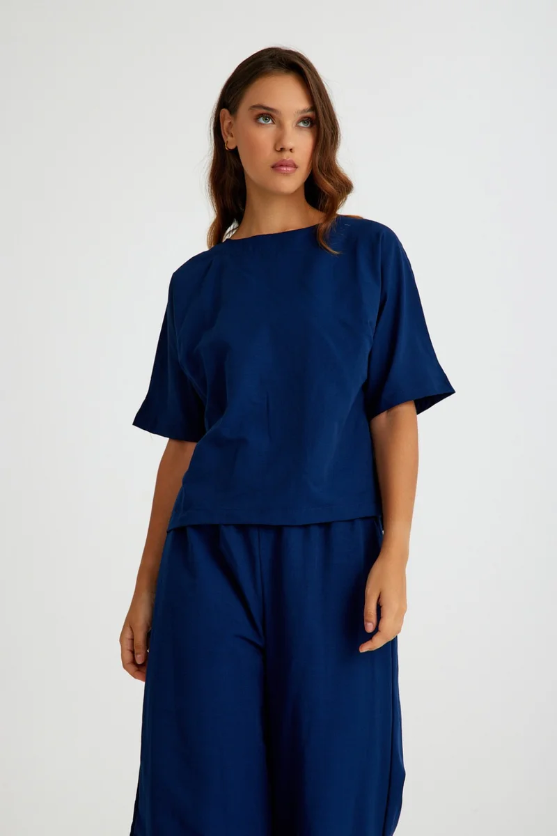 Barbora Linen Daily Comfortable Elastic Waist Women's Two Piece Set Bottom Top
