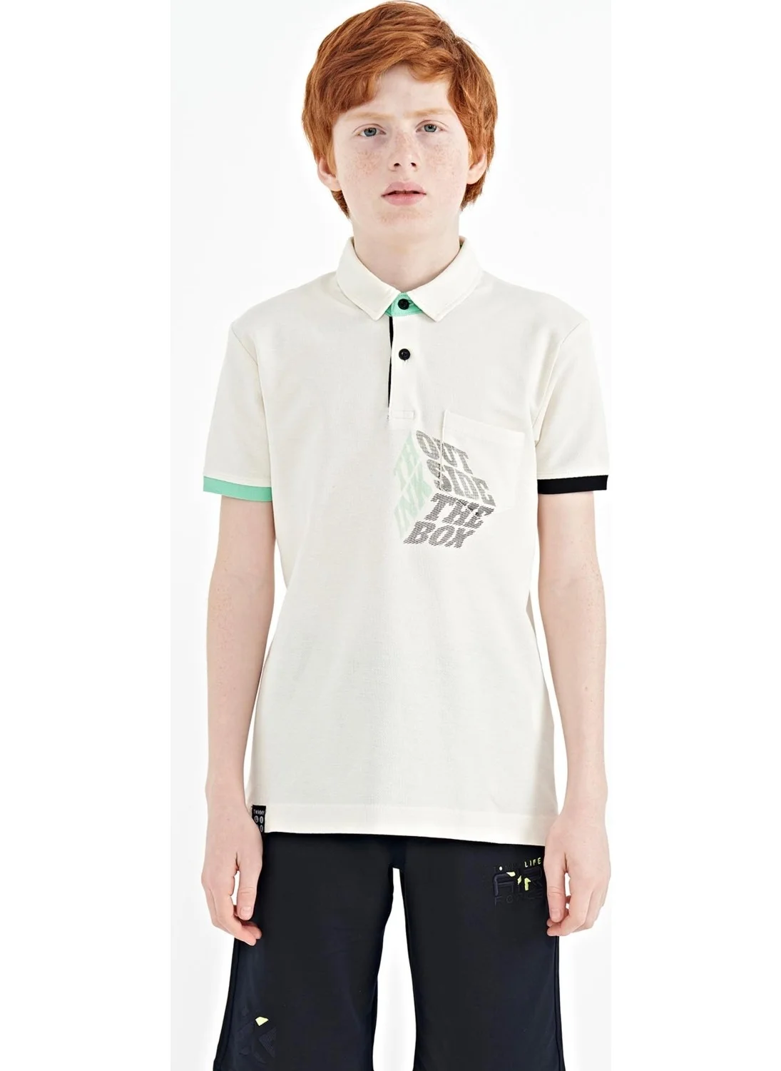 تومي لايف Ecru Front Pocket Detailed Printed Standard Pattern Polo Collar Boy's T-Shirt - 11102