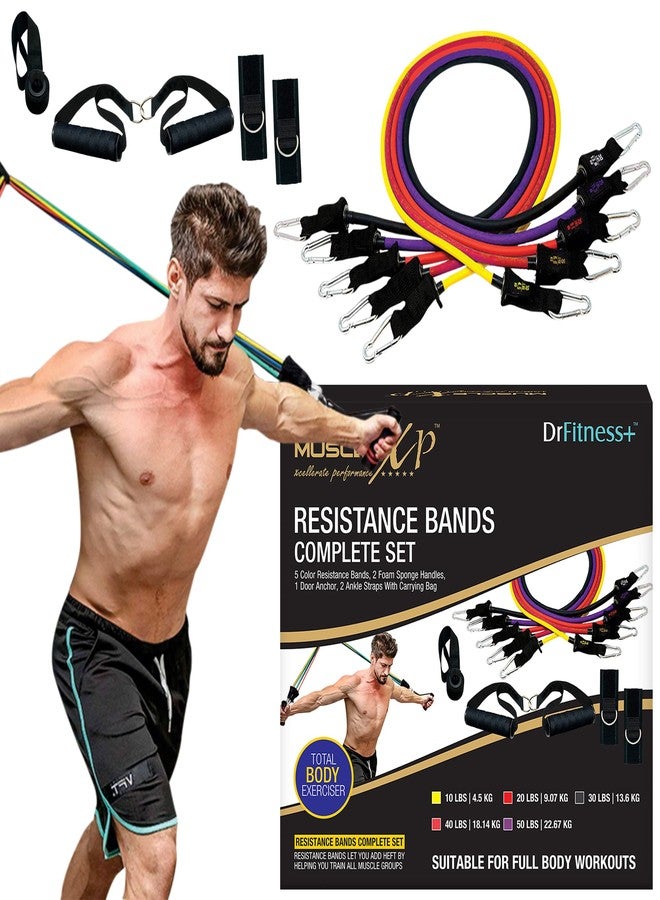 ماسل إكس بي مجموعة MuscleXP DrFitness+ الكاملة من 11 حزام مقاومة، 5 أحزمة مقاومة ملونة، مقبضان من الإسفنج، مثبت باب، حزامان للكاحل مع حقيبة حمل، أحزمة مقاومة للتمارين الرياضية للرجال والنساء - Image 1