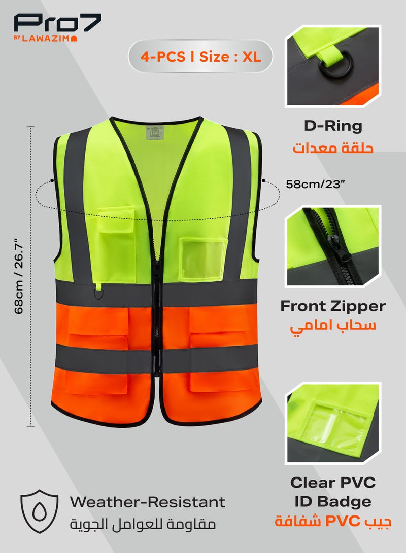 LAWAZIM PRO7 Multi-Pocket - High Visibility Safety Vest - 4 Pack, EN 471 Hi-Vis Reflective Mesh Vest for Men & Women, 5 Pockets, Front Zipper for Construction & Roadwork - Multicolor, XL, 160g - Image 2