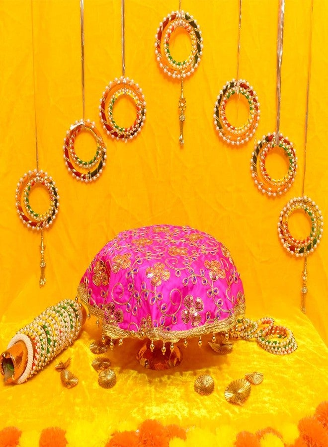 Dulhan DLC 2 pcs Floral Embroidery 18 inch Silk Thali Cover for Women Pooja, Pink Round Cloth for Wedding Puja thali Decoration, Golden Moti Border - Image 2
