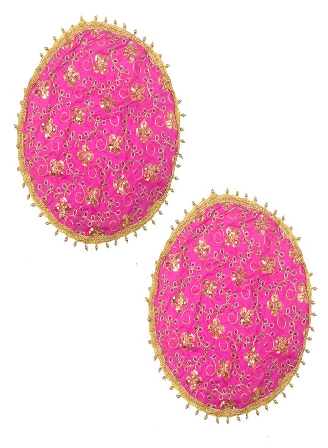 Dulhan DLC 2 pcs Floral Embroidery 18 inch Silk Thali Cover for Women Pooja, Pink Round Cloth for Wedding Puja thali Decoration, Golden Moti Border - Image 1