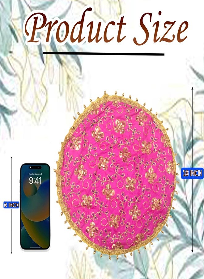 Dulhan DLC 2 pcs Floral Embroidery 18 inch Silk Thali Cover for Women Pooja, Pink Round Cloth for Wedding Puja thali Decoration, Golden Moti Border - Image 3