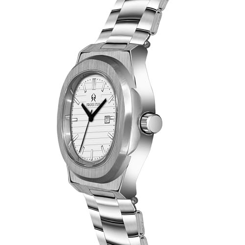 SWADESI STUFF Men’s Luxury Stainless Steel Watch — 42mm Signature Angular Dial | Date Display | Brushed & Polished Silver Bracelet | Multicolour Dials (Black/Green/White/Yellow) (Classic White) - Image 3