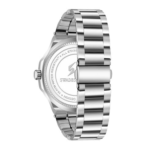SWADESI STUFF Men’s Luxury Stainless Steel Watch — 42mm Signature Angular Dial | Date Display | Brushed & Polished Silver Bracelet | Multicolour Dials (Black/Green/White/Yellow) (Classic White) - Image 5