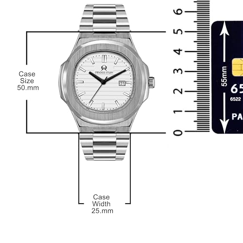 SWADESI STUFF Men’s Luxury Stainless Steel Watch — 42mm Signature Angular Dial | Date Display | Brushed & Polished Silver Bracelet | Multicolour Dials (Black/Green/White/Yellow) (Classic White) - Image 4