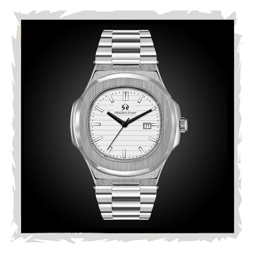 SWADESI STUFF Men’s Luxury Stainless Steel Watch — 42mm Signature Angular Dial | Date Display | Brushed & Polished Silver Bracelet | Multicolour Dials (Black/Green/White/Yellow) (Classic White) - Image 1