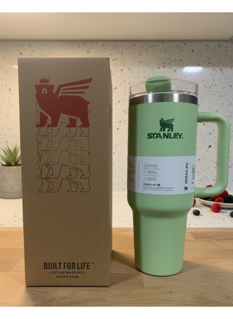 ستانلي كوب استانلس، كوب استانلس سعة 40 اونصه مع شاليموه ومقبض، كوب معزول مع غطاء كوب للسفر، كوب قهوة من الفولاذ المقاوم للصدأ  للمشروبات المثلجة الساخنة، كوب سفر بمقبض