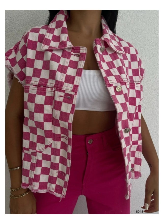 BLACK FASHION Pink and White Denim Vest  - Image 1
