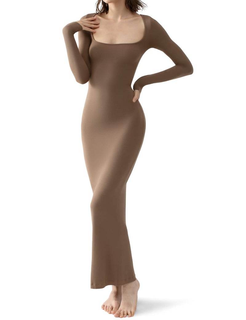 PUMIEY Long Sleeve Dress for Women Square Neck Maxi Dress Sexy Bodycon Fall Dresses for Women Brown Dress Hazelnut Medium - Image 1