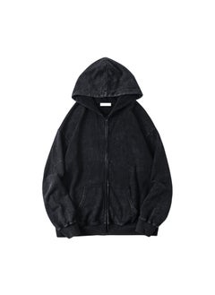 Wholesale Vintage American Style T-Shirt For Men Loose Fit Long Sleeve Autumn Trendy Brand Ins Washing Distressed Heavyweight To Black (zipper hooded)