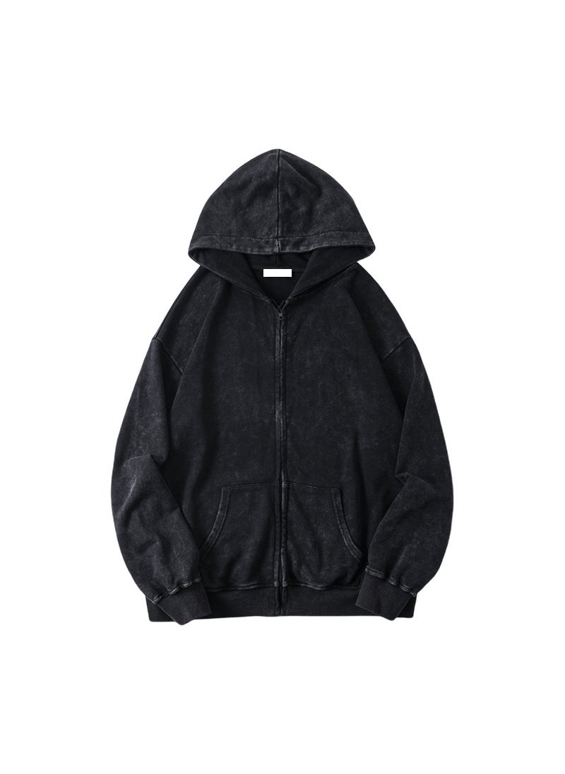 Generic - Wholesale Vintage American Style T-Shirt For Men Loose Fit Long Sleeve Autumn Trendy Brand Ins Washing Distressed Heavyweight To Black (zipper hooded) - Image 1