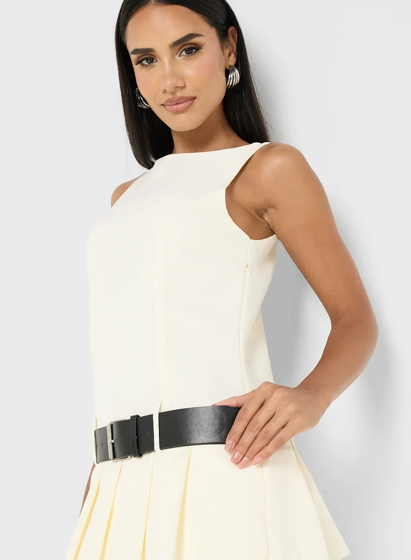 Ginger Drop Waist Belted Dress with Frill Detail